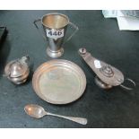 A small silver vase, silver mustard pot, aladdins lamp marked 925, silver dish and two spoons