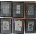 Six 19th Century framed Japanese prints figures in different settings