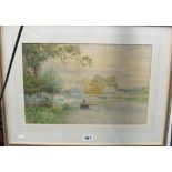 G. Barker watercolour punt on river and needlework cottage