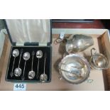 Two silver cream jugs, sugar bowl and cased sets of spoons