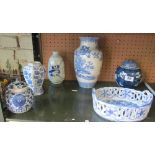 A Chinese blue and white ginger jars (one a/f), blue and white vases and a dish