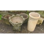 Three stoneware garden pots and a chimney pot