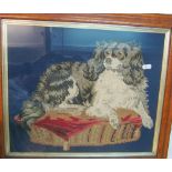 Two needlework pictures and a maple frame print