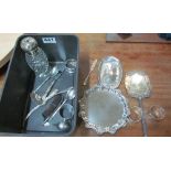 A silver waiter, napkin rings, spoons et cetera