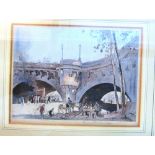 Sir Frank Brangwyn coloured print two arches with market sellers, with note en verso