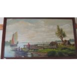 A large oil on canvas on the river with sailing boat and rowing boat