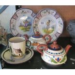 Two Quimper pottery plates and three items of motto ware