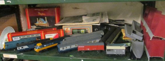 Various boxed Hornby and some loose Locos and carriages, track and a viaduct