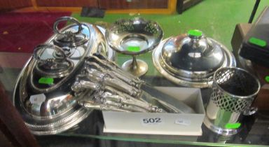 Some cased cutlery, two entree dishes and other plate