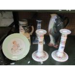 A Paragon childs plate, candlesticks, tankard, fish jug and tea caddy (a/f)