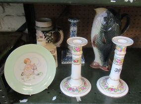 A Paragon childs plate, candlesticks, tankard, fish jug and tea caddy (a/f)