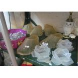 Five Art Deco style glass shades, some lustres, a pottery owl lamp (a/f) and three small white