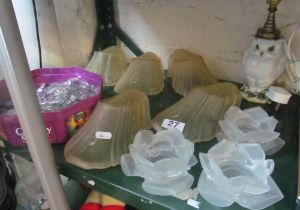 Five Art Deco style glass shades, some lustres, a pottery owl lamp (a/f) and three small white