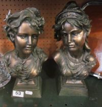 Two resin bronze effect busts ladies