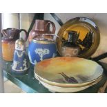 A Royal Doulton plate landscape, two Royal Doulton dishes Hamlet and Romeo (s/a/f), Royal Doulton