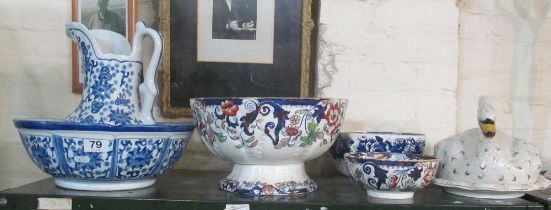 Two imari bowls, jug and basin, swan tureen (slightly a/f) and Wedgwood colander bowl
