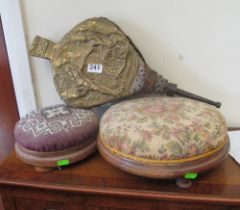 A set of fireirons, brass bellows and two foot stools