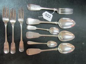 Three Georgian silver serving spoons, Irish silver table fork, three Irish silver dessert forks