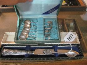 A set of six Sterling silver spoons with pagoda and other terminals, silver handled cake slice and a