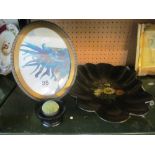 A bronze Vickery photoframe, papier mache bowl and ebony hat pin cushion