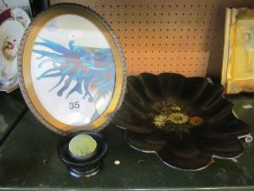 A bronze Vickery photoframe, papier mache bowl and ebony hat pin cushion