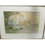 G. Barker watercolour punt on river and needlework cottage