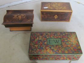 A teacaddy with poker work top, inlaid trinket box and a painted card box