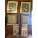 Two pairs of embroidered oriental style pictures framed and a pair pictures birds and flowers
