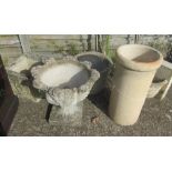 Three stoneware garden pots, a chimney pot and pair demi lune ends
