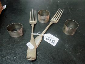 Three silver napkin rings and two Irish silver spoons 7.8g