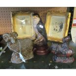 A resin ram, Thelwell pony ornament, resin falcon and two small pictures in gilt frames