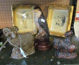 A resin ram, Thelwell pony ornament, resin falcon and two small pictures in gilt frames