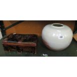 A Celadon style oriental spherical vase with red streaking and an oriental pottery box