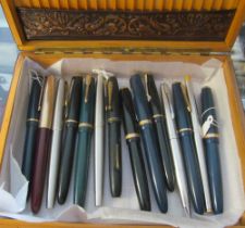 Various Parker Pens in leather clad box