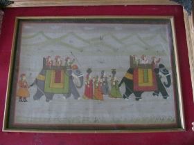 An Indian painting on silk of an elephant procession framed
