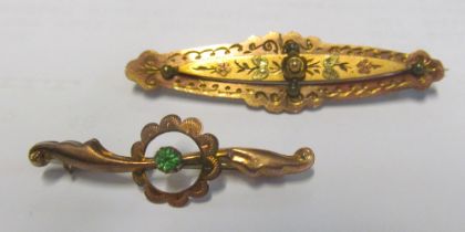 A 9ct gold bar brooch set green stone and another Victorian bar brooch