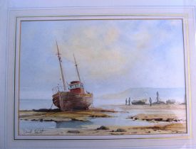 David Short watercolour study low tide with red cabin in estuary