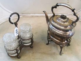 A plated spirit kettle and a two section bottle stand with two glass jars (one a/f)