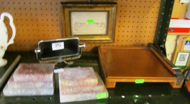 A pair of soapstone bookends, Last Supper plaque, a mirror and a guillotine