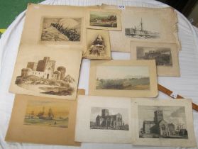 Some unframed prints and watercolours including Shoreham and Rottingdean