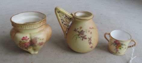 Three items of Royal Worcester cream ground handpainted flowers (some gilt rub to bowl and