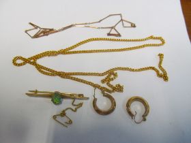 An opal brooch, pair gold earrings and two chains