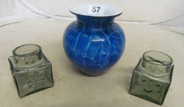 A large Dartington 20th Century studio glass vase with sandblasted mark and pair daisy vases by