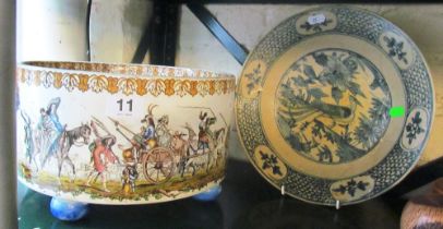 A faience jardinière with scenes of cavaliers and rams head handles (a/f) and a blue and white