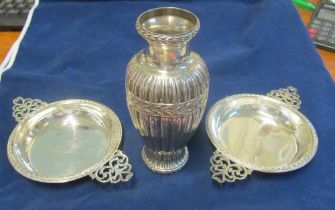 A silver coloured vase and two silver porringers 5oz