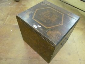 A wooden box inlaid mythical creatures with hinged lid and side carrying handles