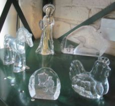 A Swedish disk paperweight, horse, chicken and angel