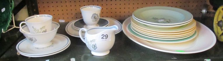 A Suzie Cooper platter, Suzie Cooper part teaset, two Suzie Cooper plates (smaller crazed), four New