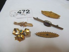 A 9ct gold bar brooch, 15ct gold and turquoise bow brooch (a/f) and other Victorian brooches