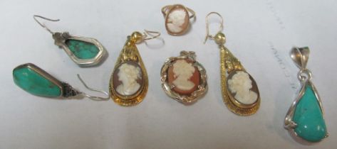 A pair of cameo earrings, cameo pendant and ring, and a pair of turquoise earrings and pendant